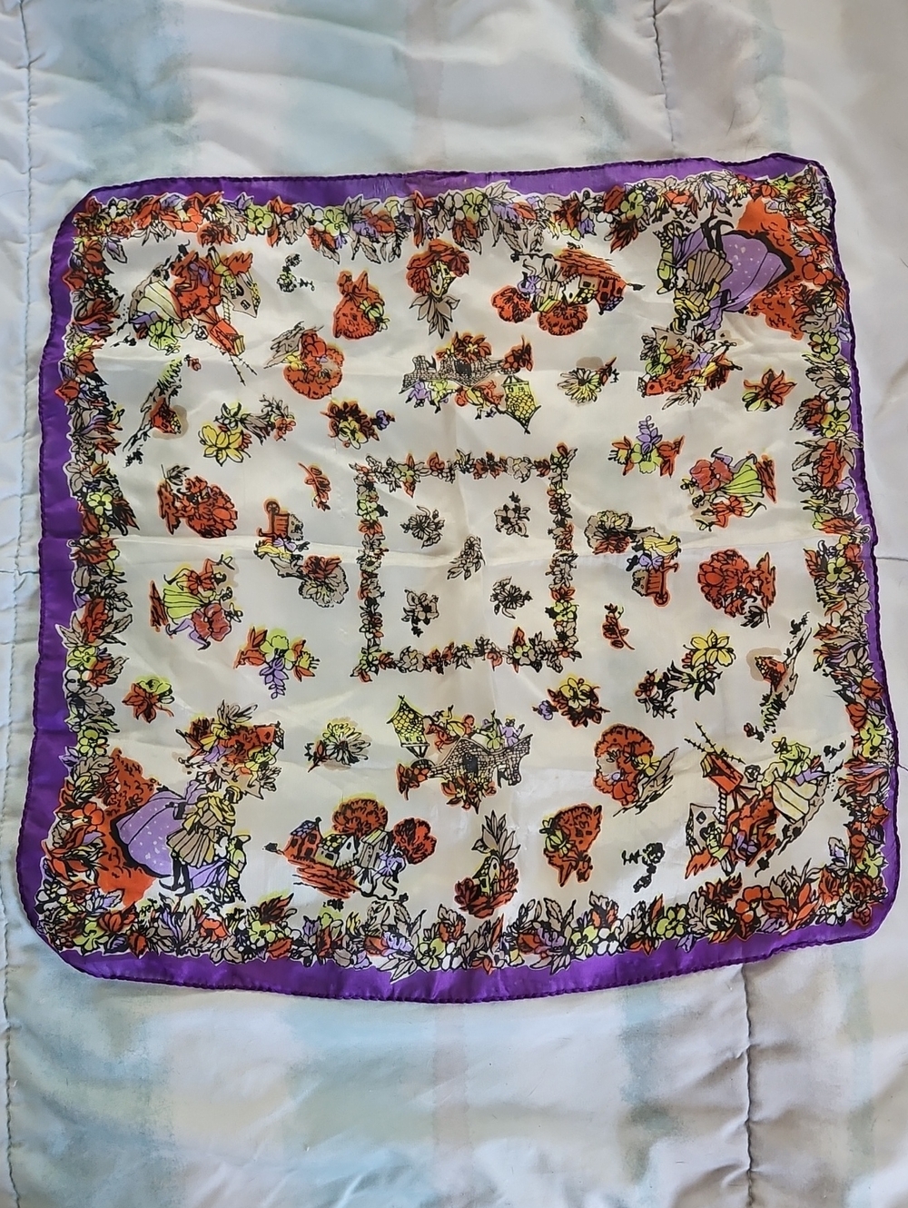 Vintage Pure Silk American MadeFloral Scenic Scarf Made 16.5" Square